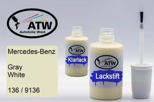 Mercedes-Benz, Gray White, 136 / 9136: 20ml Lackstift + 20ml Klarlack - Set, von ATW Autoteile West.